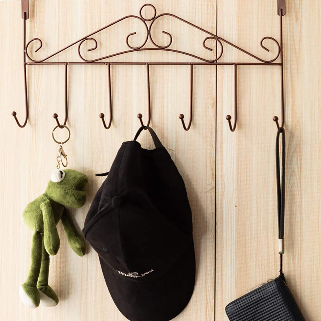 Eywlwaar Metal Over Door Hook Rack - 7 Hooks Decorative Hanger for Towels, Hats, Coats, Bags & Scarves - Space Saving Solution for Bathroom, Bedroom, Kitchen & Closet Organization