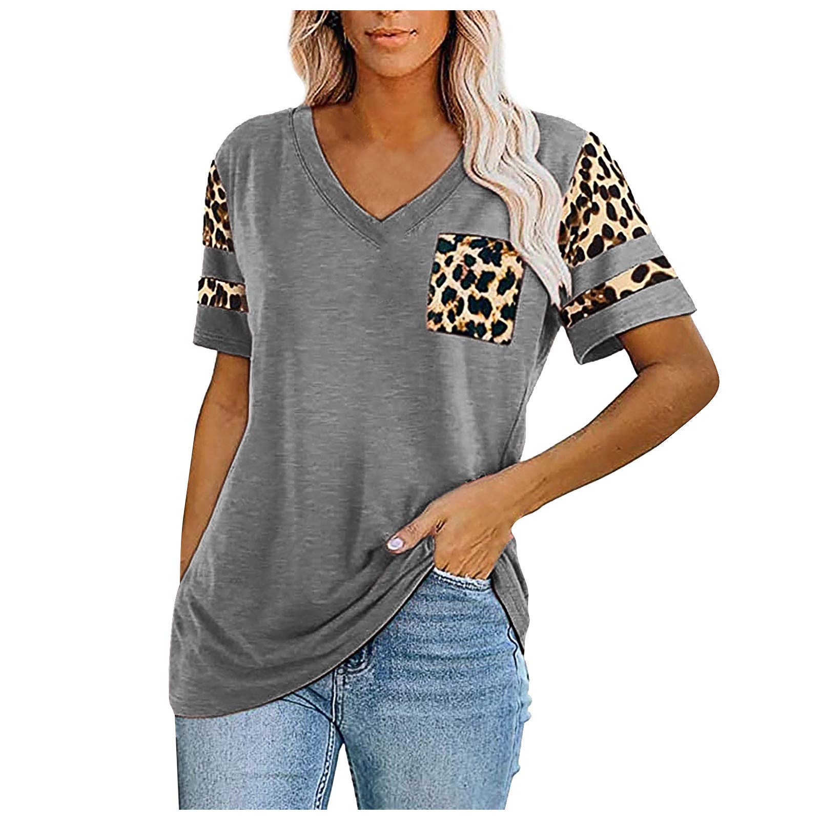 Stylish Women's Leopard Print Summer Tops - Color Block V-Neck Short Sleeve Blouse with Pockets | Casual Loose Fit Tunic for Beach Vacation, Party & Everyday Wear