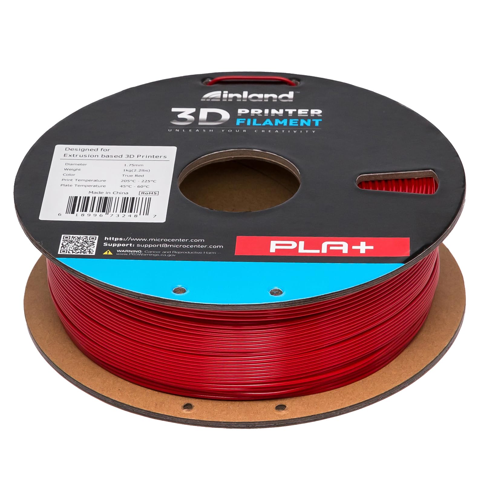 INLAND Micro Center PLA+ 3D Printer Filament 1.75mm - High Precision PLA Plus Filament with +/- 0.03mm Accuracy - 1kg (2.2 lbs) Cardboard Spool - True Red - Perfect for 3D Printing Models, Prototypes & DIY Projects