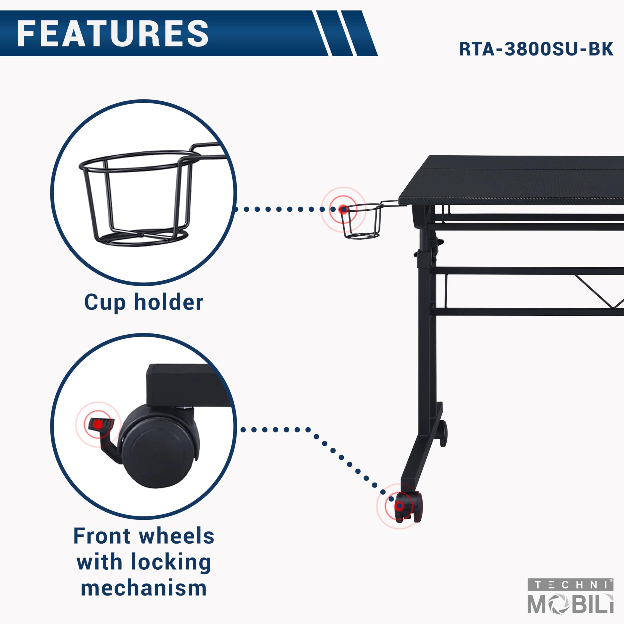 Techni Mobili Adjustable Height Rolling Standing Desk with Wheels - 2-Tier Mobile Office & Gaming Desk with Cup Holder - Black - Perfect for Home Office, Gaming Setup & Small Spaces