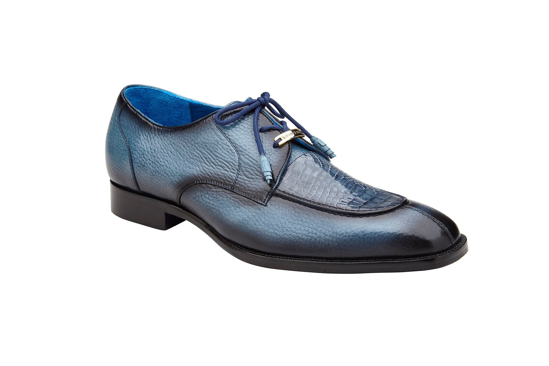 Belvedere Primo Genuine American Alligator & Pebble Grain Calf Leather Dress Shoes - Antique Blue Safari Style R83 - Perfect for Business Meetings & Formal Occasions