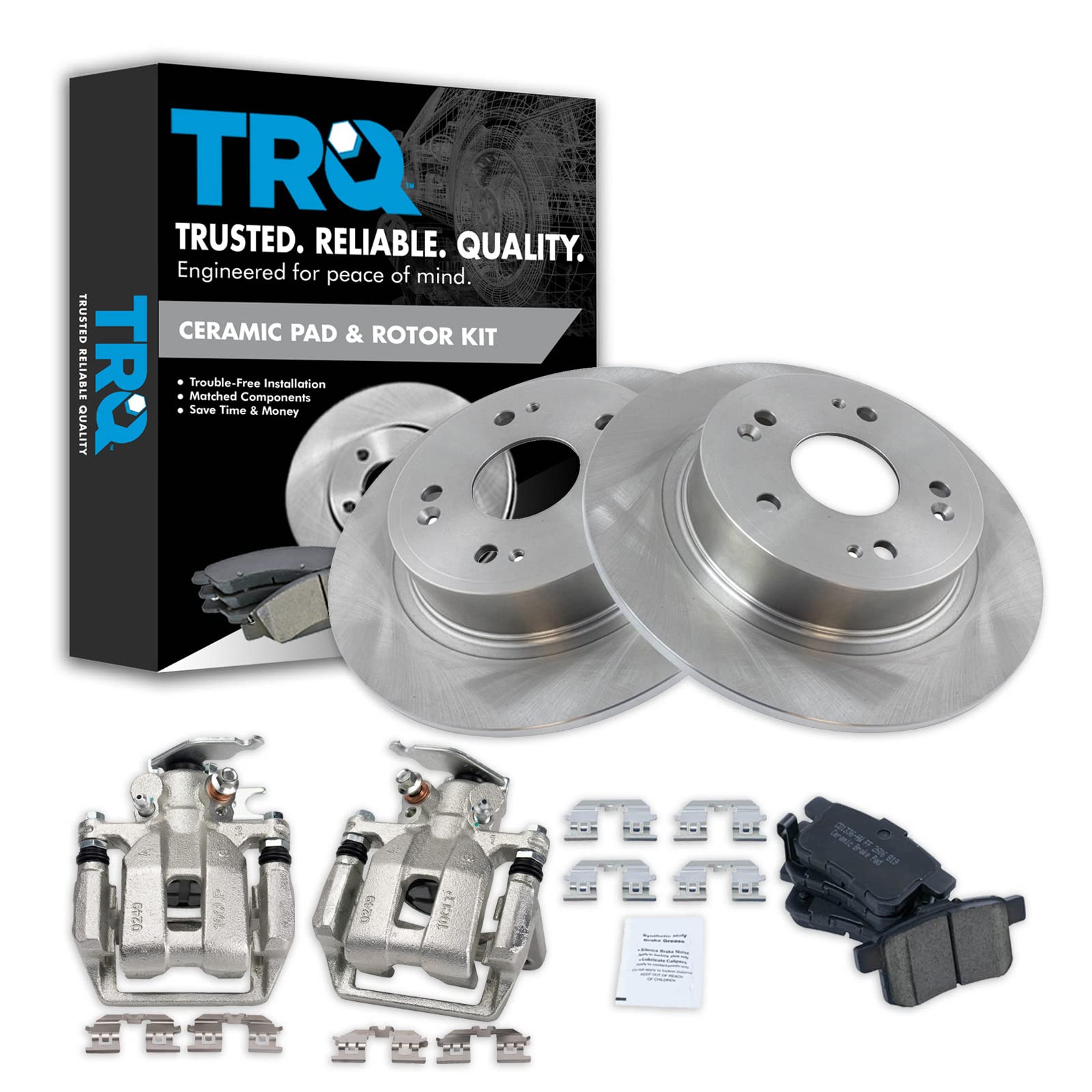 TRQ Rear Brake Calipers with Ceramic Pads & Rotors Kit - Compatible with 2013-2017 Honda Accord - Smooth Braking Performance for City Driving & Highway Commutes
