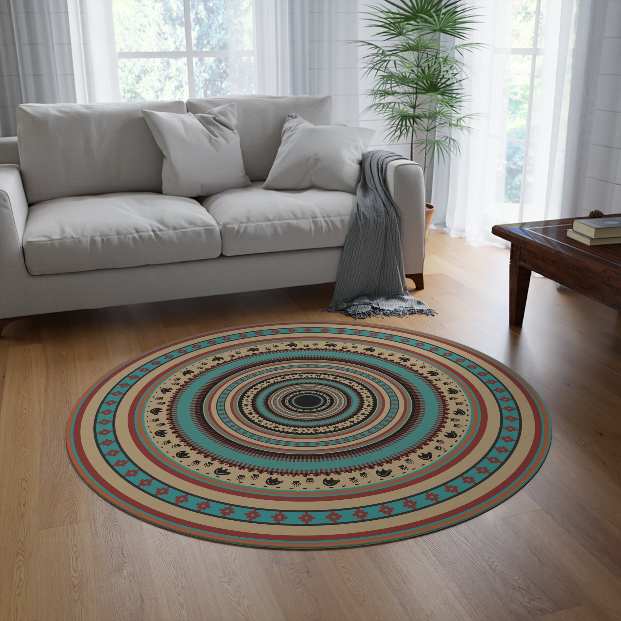 Boho Round Rug - Southwestern Print Polyester Chenille Accent Rug for Living Room, Bedroom, Office - Soft & Stylish Home Decor for Boho Chic Interiors