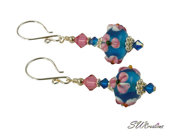 Handmade Blue Lampwork Bead Earrings with Rose Floral Design - Perfect for Weddings, Parties & Boho Fashion Accessories