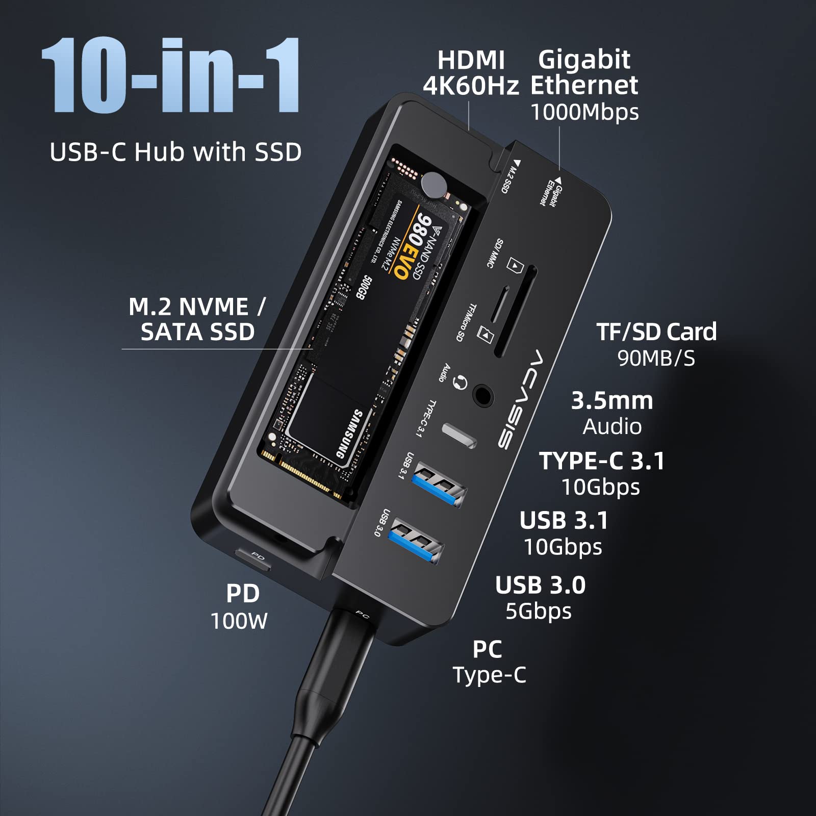 ACASIS 10-in-1 USB C Laptop Docking Station with 4K60Hz HDMI, NVMe Enclosure, PD Charging, Ethernet, SD/TF Card Reader, 10G USB C/A Ports & Audio - Universal Compatibility for MacBook, Dell, HP, Surface - Perfect for Home Office, Gaming & Multi-Monitor Setup