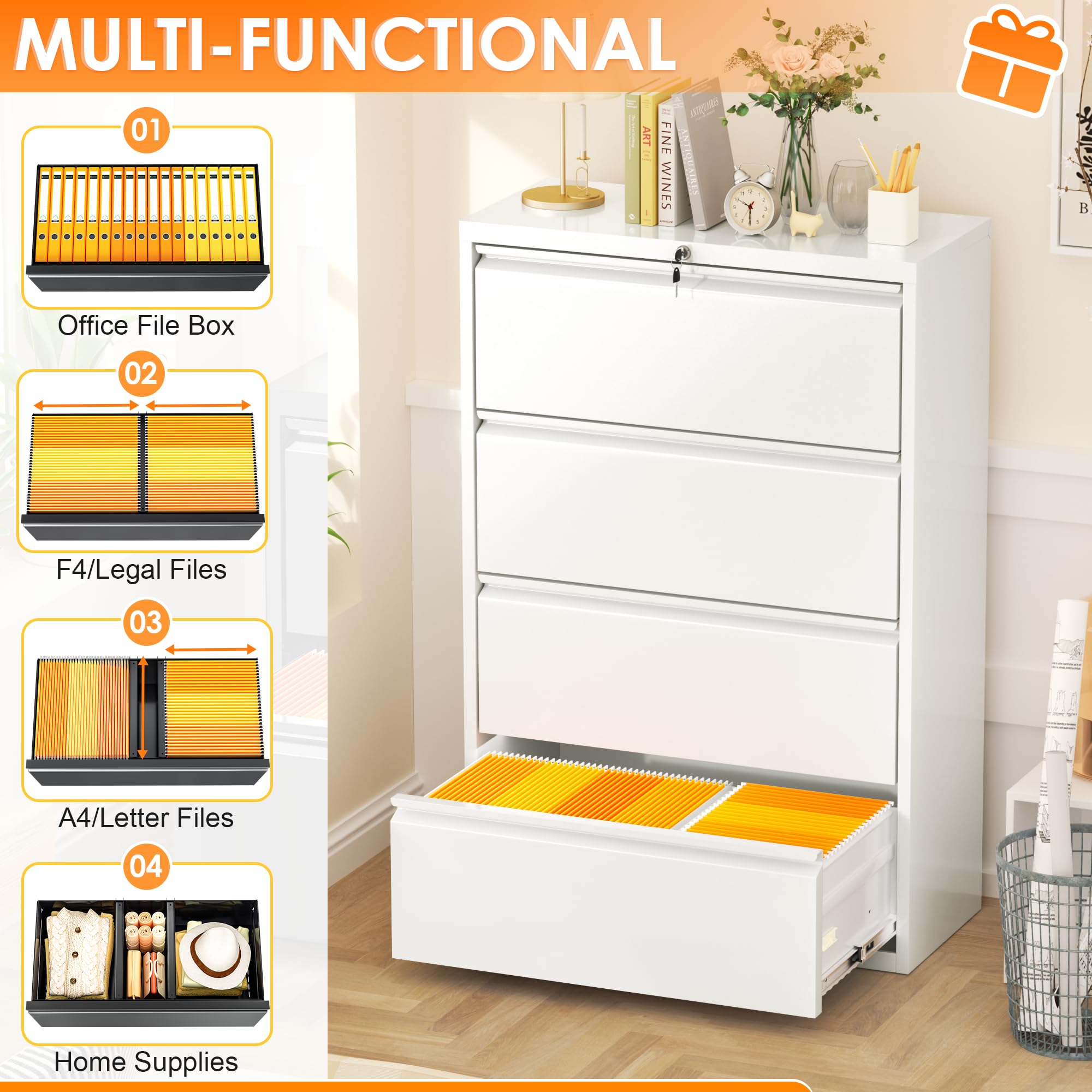 INTERGREAT 4-Drawer Metal Lateral File Cabinet - Locking Horizontal Office Storage for Letter, Legal, F4 & A4 Hanging Files - Home Office Organization Solution (White) | Perfect for Document Storage, Office Filing & Workspace Organization