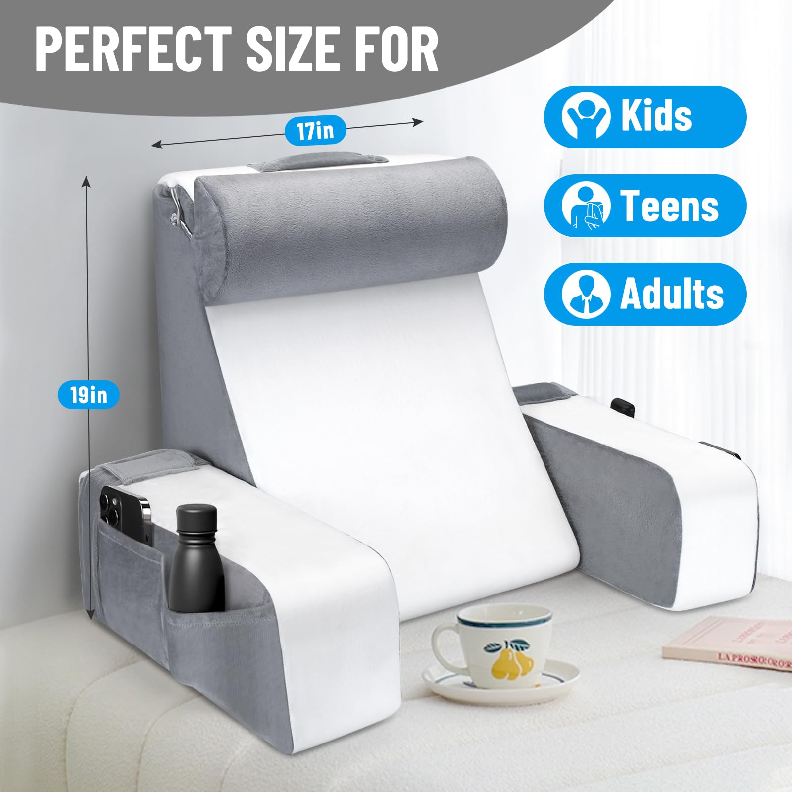 **Comfortable Reading Pillow for Adults - 19in Grey & White Back Support Pillow with Arms and Headrest for Sitting in Bed, Watching TV, or Relaxing - Solid Foam Chair for Ultimate Comfort**