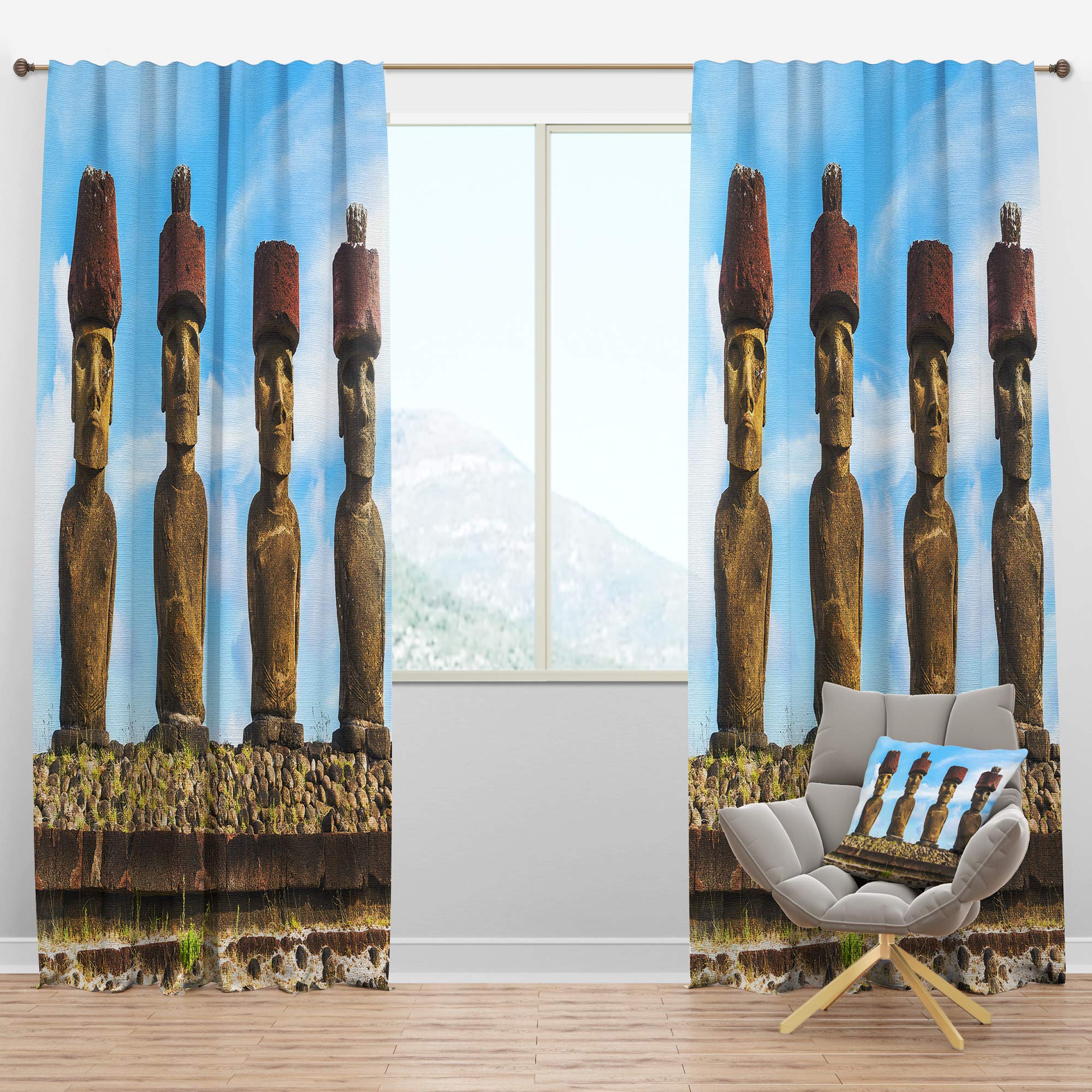 Moai with Red Topknot Hat Blackout Curtains - Thermal Insulated Single Panel (52x120 inches) for Bedroom & Living Room - Noise Reducing & Energy Saving Window Drapes for Home Theater, Nursery, and Office Use