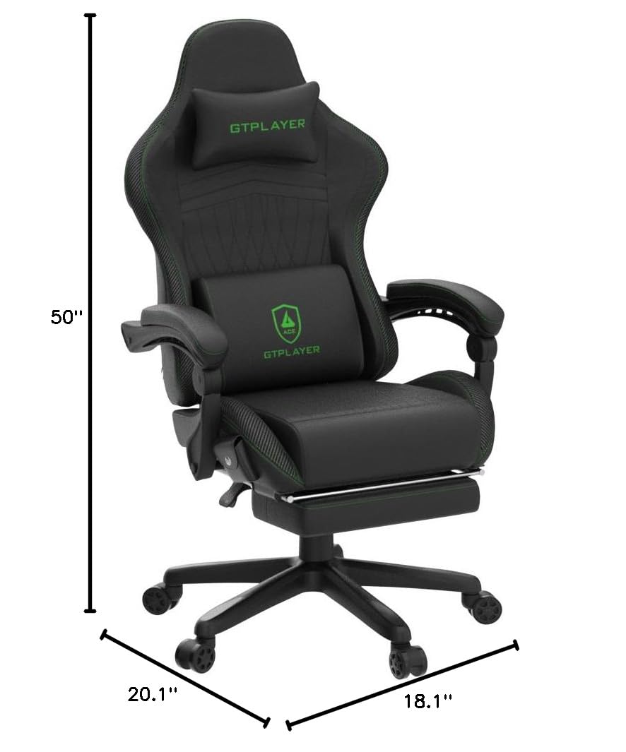 GTPLAYER Ergonomic Gaming Chair - High Back Racing Style Computer Desk Chair with Adjustable Lumbar Support (PU Leather, Green) - Perfect for PC Gaming, Office Work & Home Study