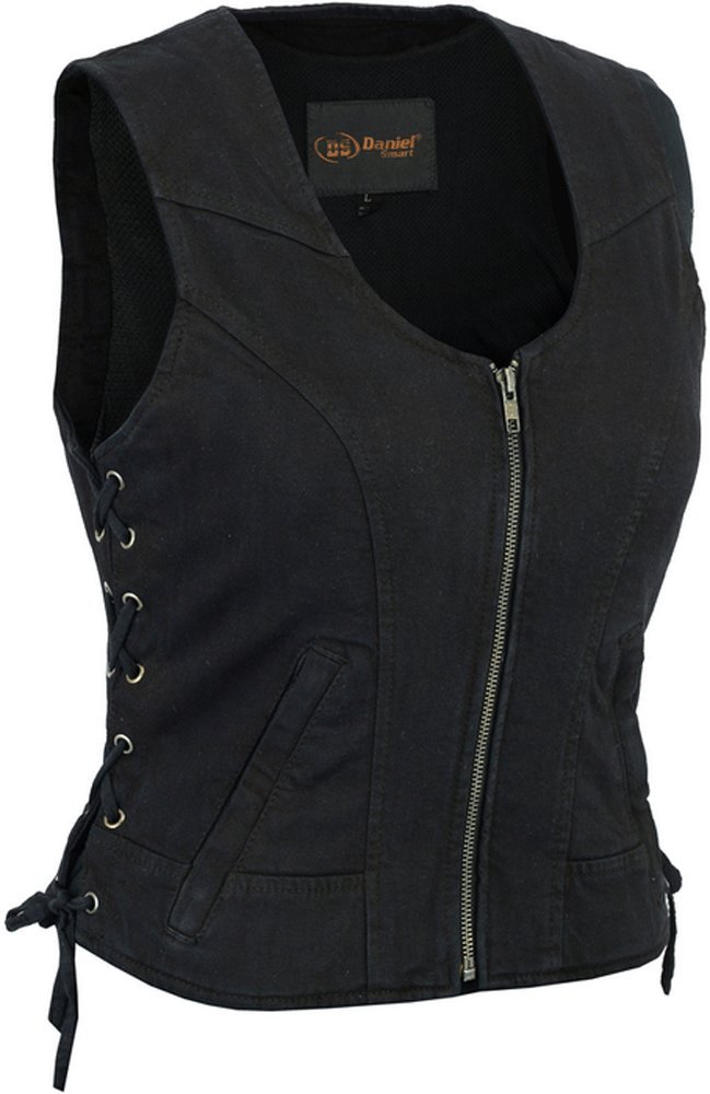 Women's Stylish Black Denim Vest with Side Laces - Fashionable Layering Piece for Casual Outfits & Streetwear Looks