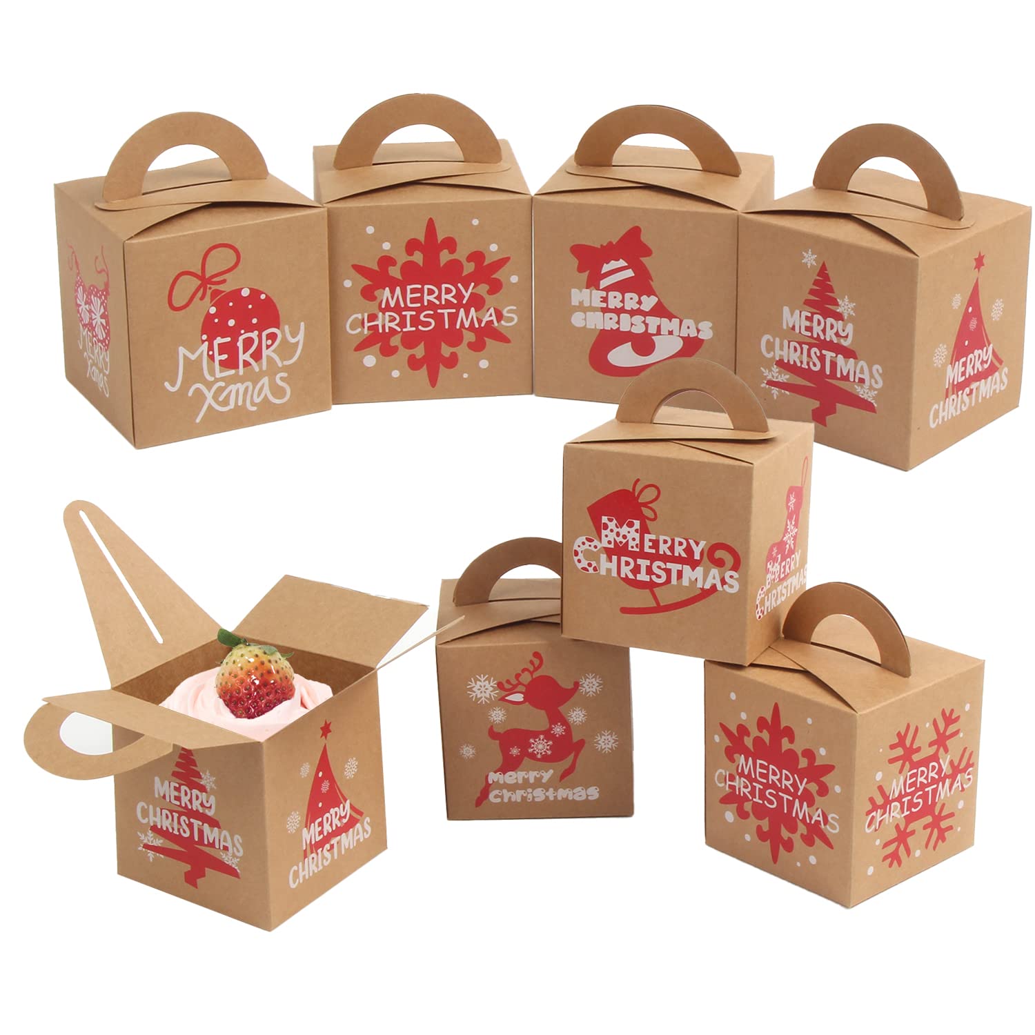 LOMIMOS 24PCS Christmas Bakery Gift Boxes - Mini Kraft Cardboard Packaging for Cupcakes, Cookies, Brownies & Donuts - Perfect for Holiday Dessert Gifting & Party Favors