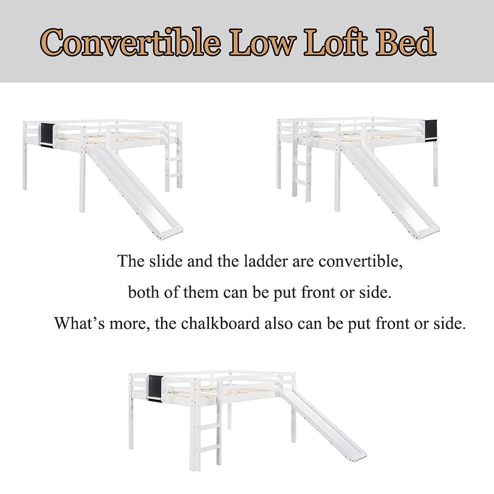Twin Size Loft Bed with Slide - Kids Low Loft Bed Frame with Chalkboard & Storage - Wooden Loft Bed for Boys & Girls - Perfect for Small Bedrooms, Playrooms & Dorm Rooms (White)
