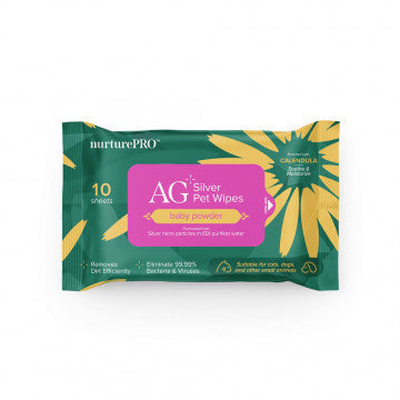 NurturePRO AG+ Silver Pet Wet Wipes - Unscented, Hypoallergenic & Moisturizing - 10 Sheets for Gentle Cleaning of Dirt & Odors - Perfect for Dogs, Cats & Small Animals After Walks or Grooming
