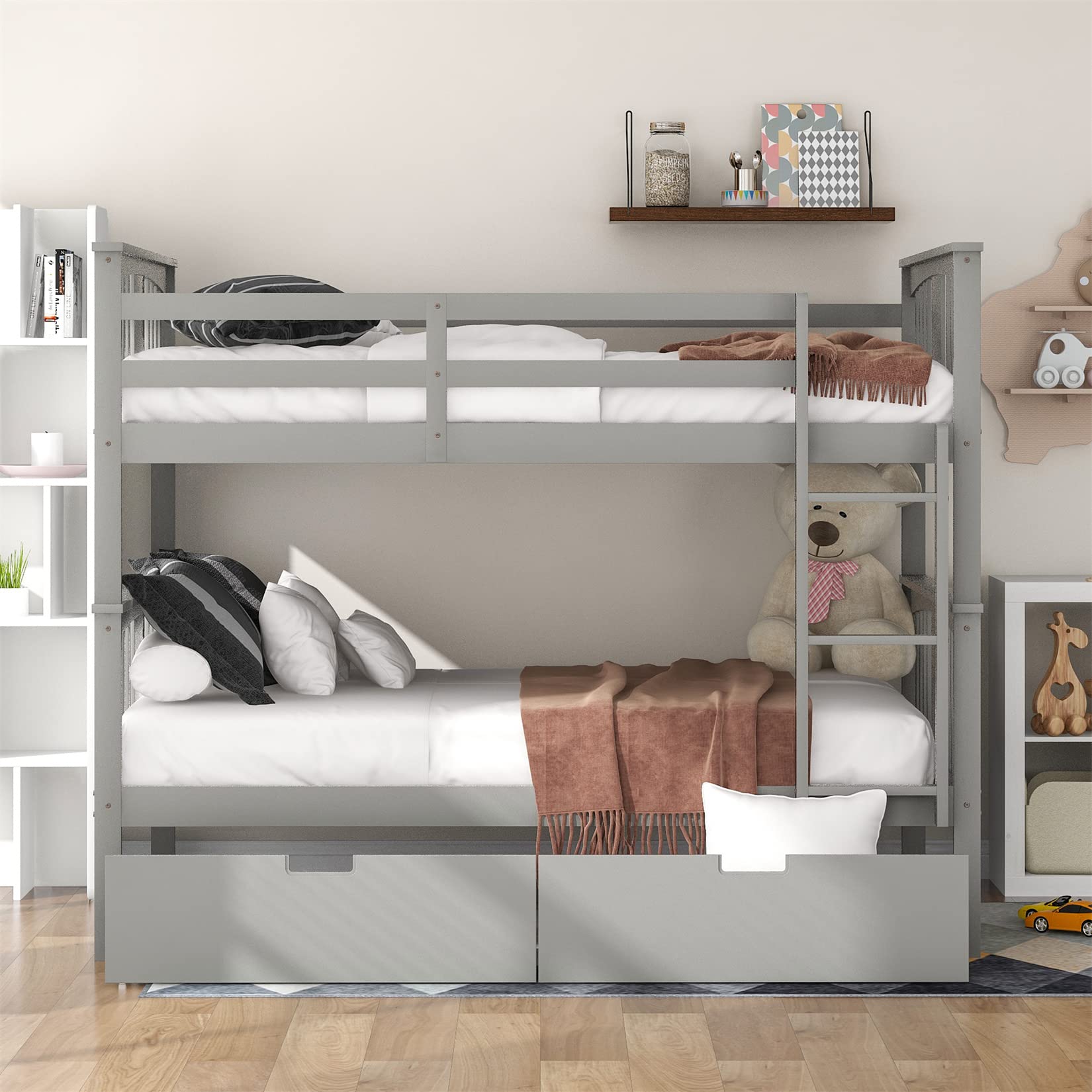 Full Over Full Bunk Beds with 2 Drawers for Kids Teens Adults - Detachable Wooden Bunk Bed Frame for Boys Girls Women Men in Gray - Perfect for Small Spaces, Guest Rooms & Shared Kids Bedrooms