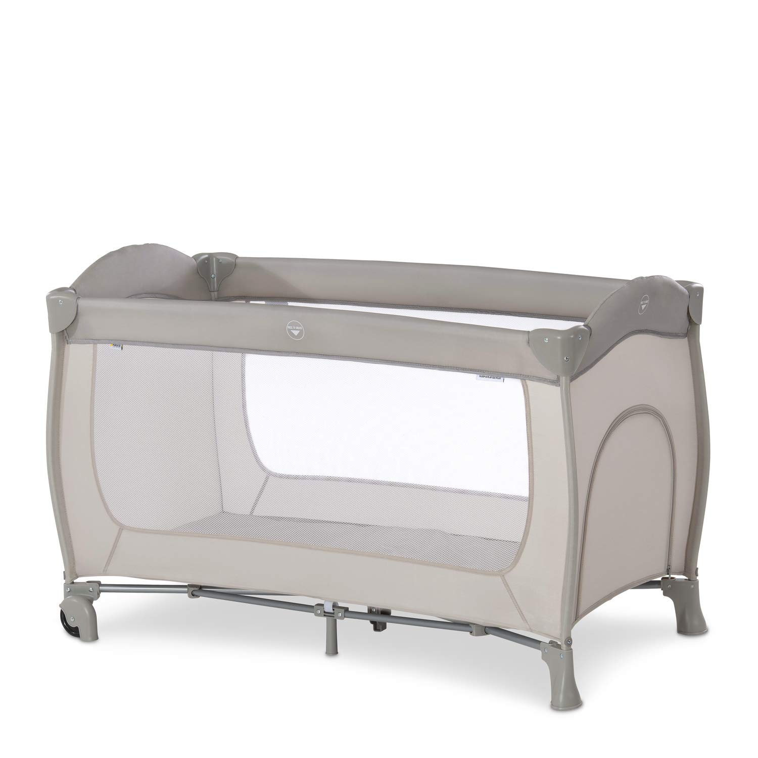 Hauck Sleep N Play Go Plus Portable Baby Travel Cot with Wheels, Mattress & Large Viewing Windows | Side Exit for Infants & Toddlers | Beige | Perfect for Travel, Daycare & Home Use