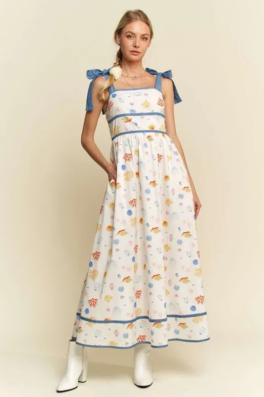 Stylish Denim Binding Summer Maxi Dress for Women - Flowy Beach Dress with Pockets | Perfect for Vacations, Pool Parties & Casual Outings
