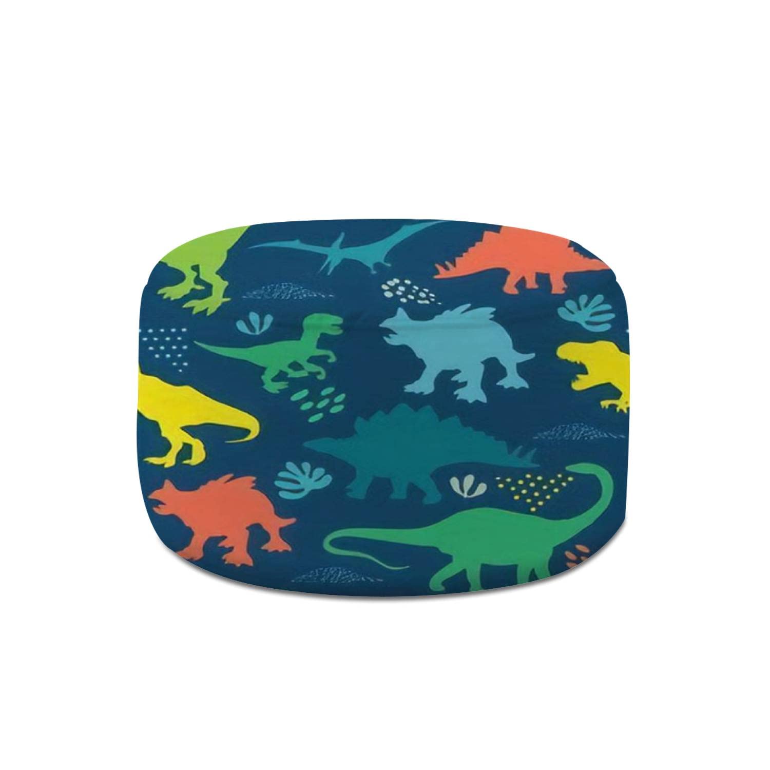 Dino Print Round Pouf Ottoman - Seamless Cotton Linen Foot Rest, Bean Bag Stool for Living Room & Bedroom | Perfect for Home Decor, Kids Playroom & Outdoor Seating