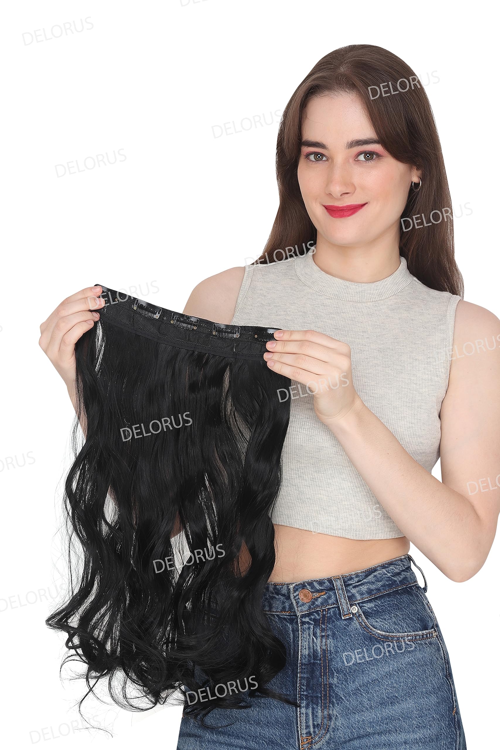 DELORUS 22 Inch Synthetic Curly/Wavy Black Hair Extensions with 5 Clips - Natural Looking Clip-in Hairpiece for Women & Girls | Perfect for Parties, Weddings & Daily Styling