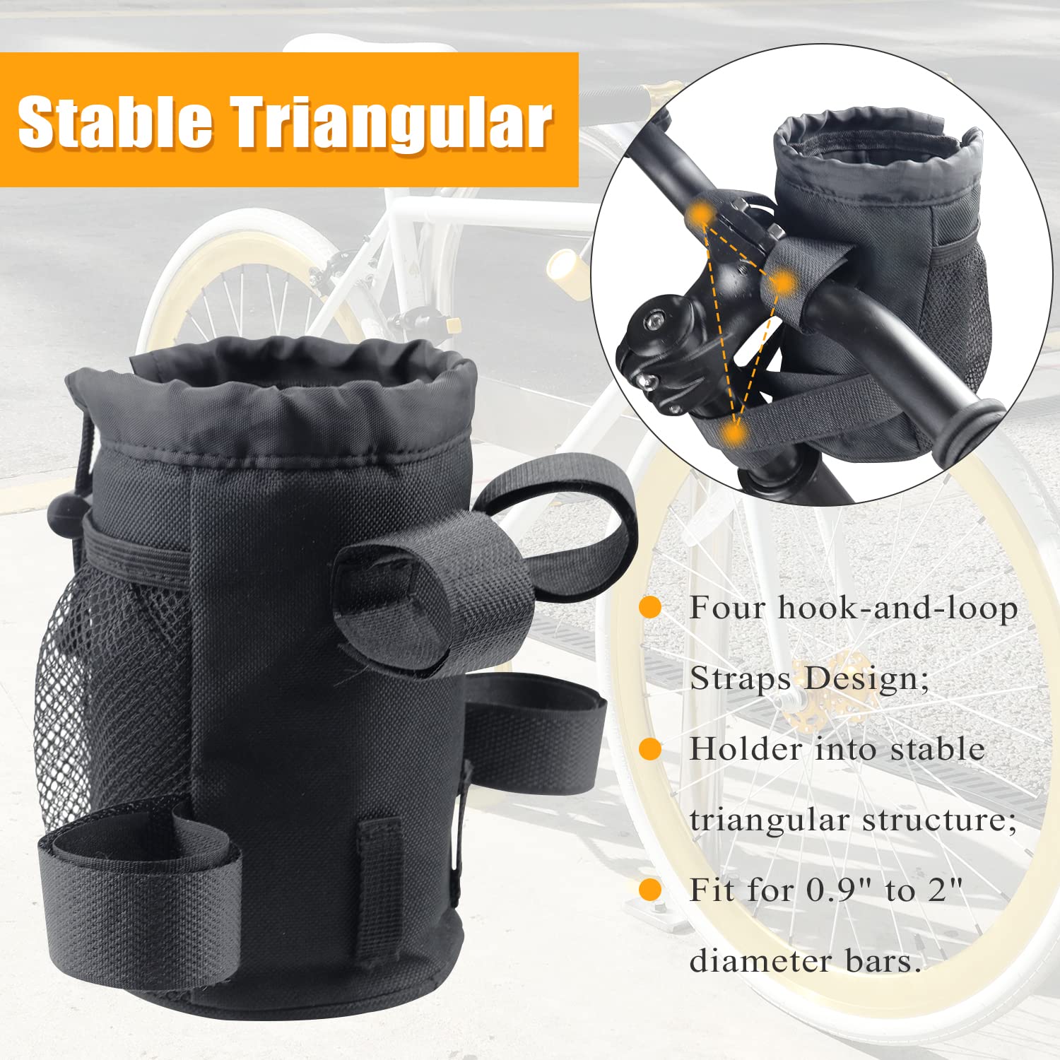 2 Pack Bike Cup Holder - Durable Bicycle Handlebar Water Bottle Holder with Mesh Oxford Pocket for Phone & Drinks - Compatible with Mountain Bikes, Road Bikes, e-Bikes, Kids Bikes, Wheelchairs & Cruisers - Perfect for Cycling, Commuting, Hiking & Outdoor Adventures
