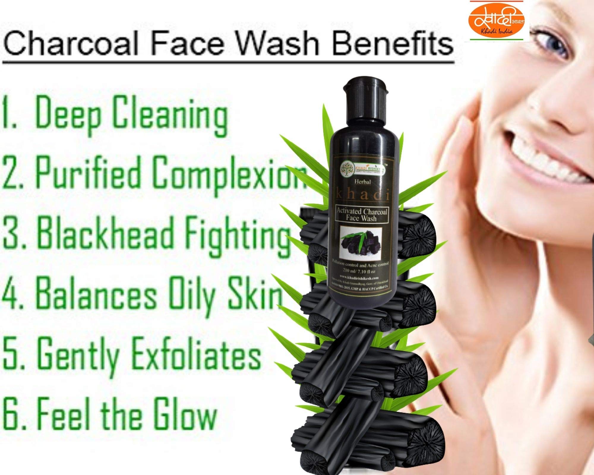 Khadi Rishikesh Herbal Activated Charcoal Face Wash - Deep Pore Cleanser for Men & Women | Anti-Pollution, Oil Control & Acne Treatment | Fights Pigmentation & Brightens Skin | 210ml with Free Rumal | Perfect for Daily Skincare & Travel