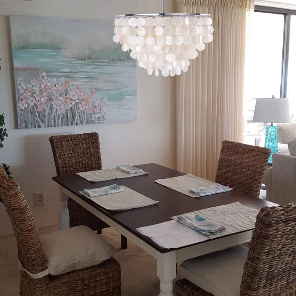 Natural Capiz Shell Chandelier - 6-Light Coastal Modern Pendant Lighting, 24