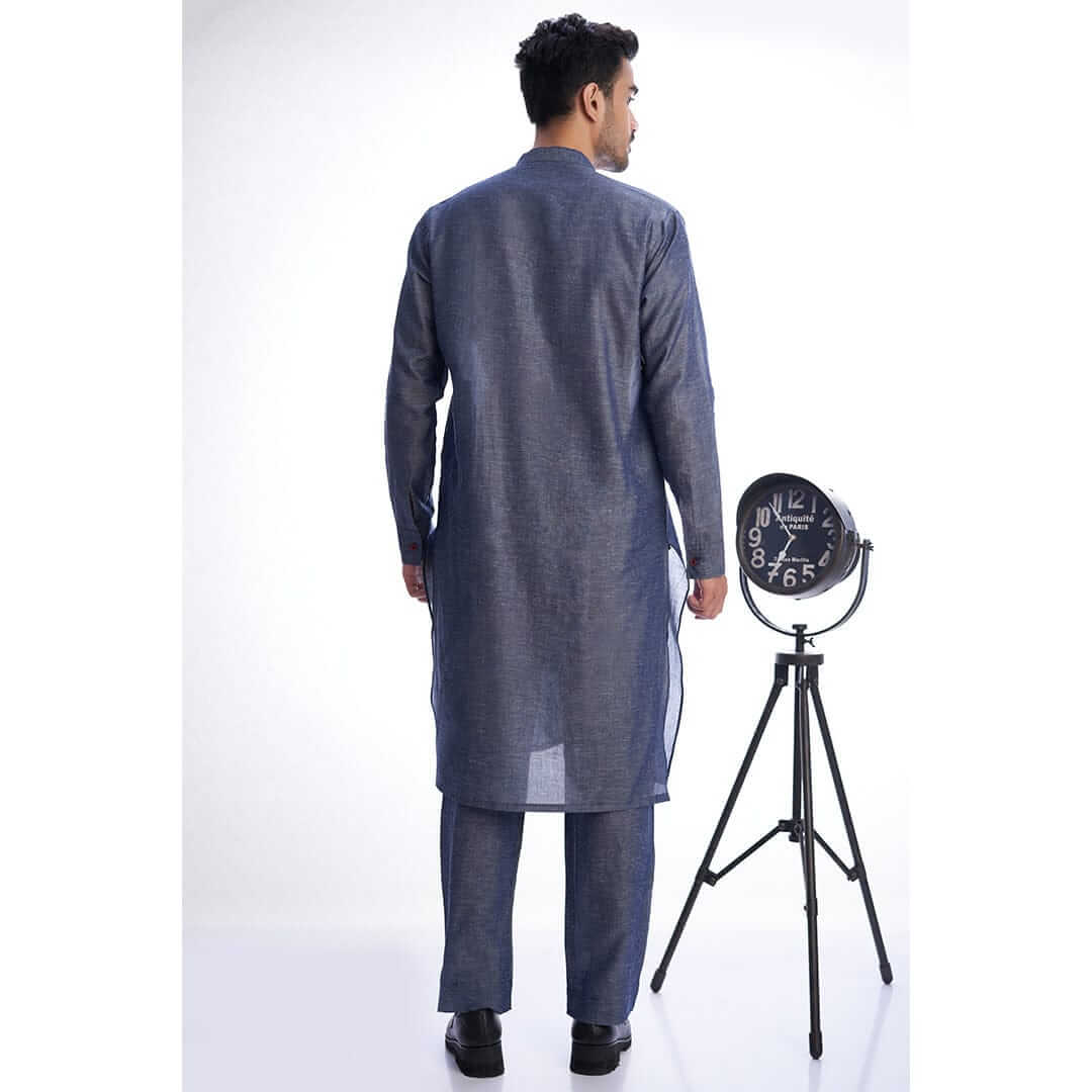 Blue Tensil Linen Kurta Pyjama Set with Red Placket - Comfortable Traditional Indian Outfit for Men, Perfect for Festivals, Weddings & Casual Wear