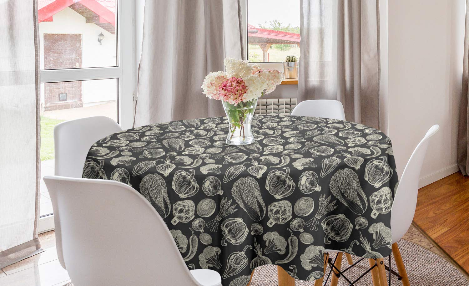 Lunarable Vegetable Art Round Tablecloth - Monochrome Sketch of Onion, Broccoli, Peppers, Artichoke & Garlic - 60 Inch Circle Dining Table Cover for Kitchen & Home Decor in Charcoal Grey Ivory - Perfect for Dinner Parties, Family Gatherings & Farmhouse Style Decorations
