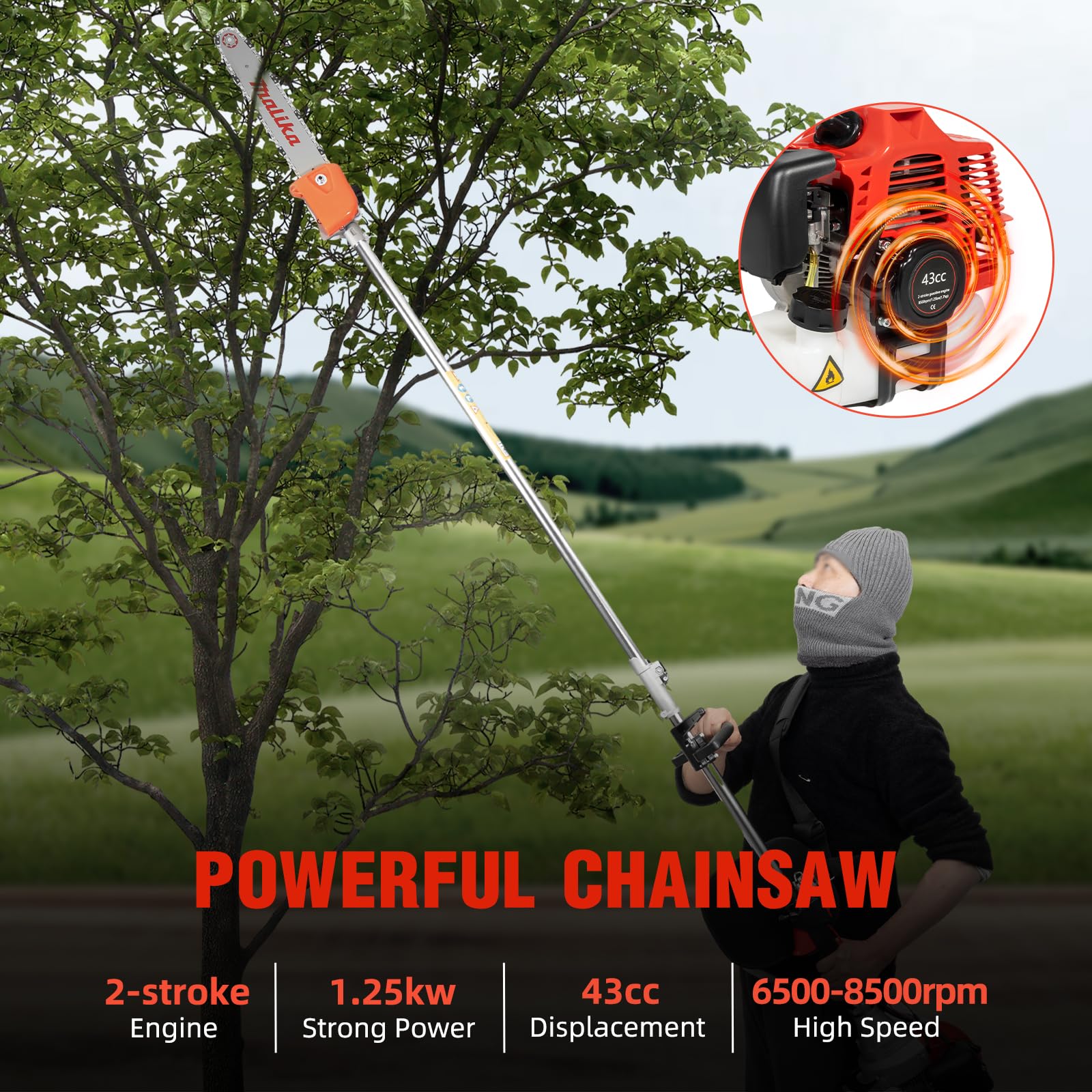 42.7CC 2-Stroke Gas Pole Saw Chainsaw - 12