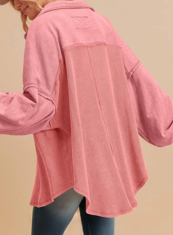SHEWIN Women's Waffle Knit Shacket - Fall Fashion Button Down Shirt Jacket, Loose Fit Long Sleeve Tops for Casual Outfits & Layering | Perfect for Autumn Outings, Office Wear & Weekend Errands
