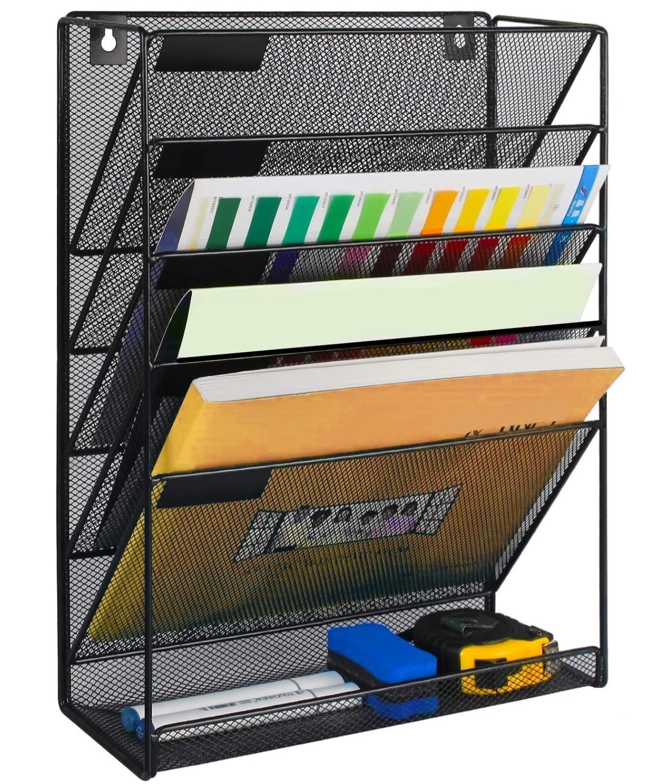 Kuntine.B 6-Tier Wall Mount File Organizer - Space Saving Hanging File Holder for Office, Home & Cubicle - Perfect for Documents, Mail & Office Supplies (Black)