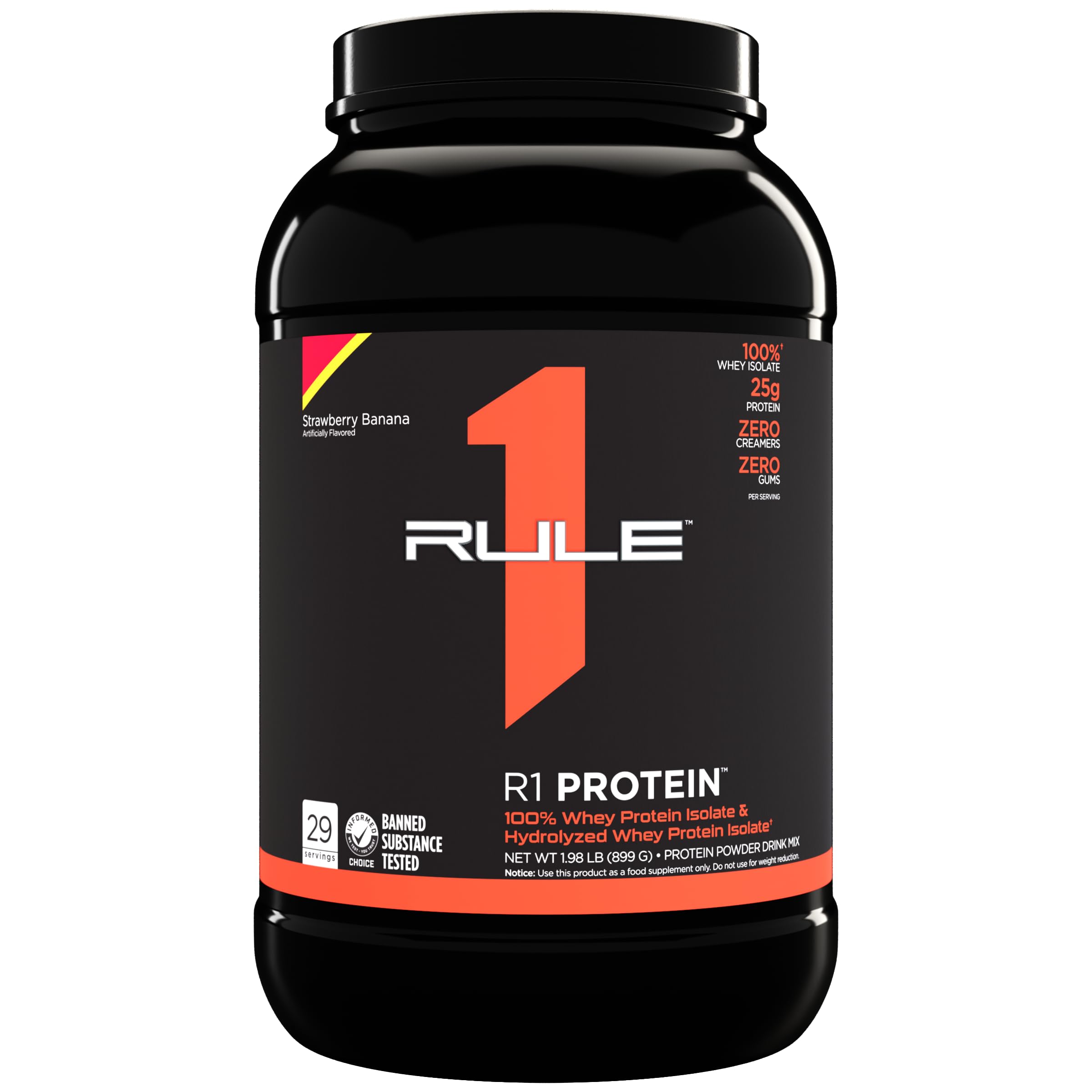 Rule One Proteins R1 Protein Powder - 25g Fast-Acting, Super-Pure 100% Whey Isolate & Hydrolysate with 6g BCAAs (2lbs, Strawberry Banana) for Post-Workout Recovery & Muscle Growth