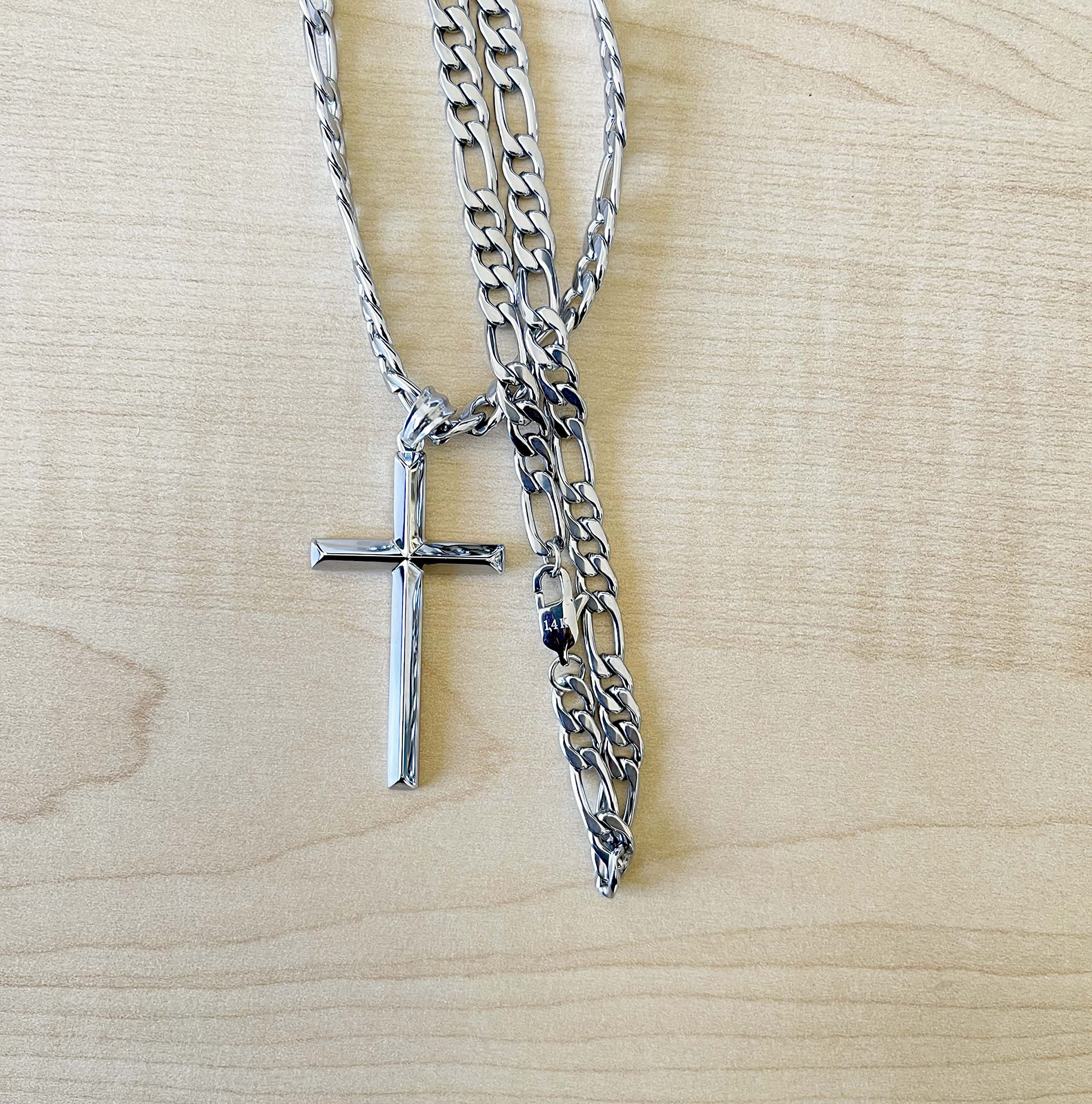 14K White Gold Figaro Chain Cuban Link Style Cross Pendant Necklace for Men - Solid Plated Clasp, Diamond Cut Religious Beveled Edge - Perfect Gift for Husband, Father, Birthday, Anniversary & Religious Occasions