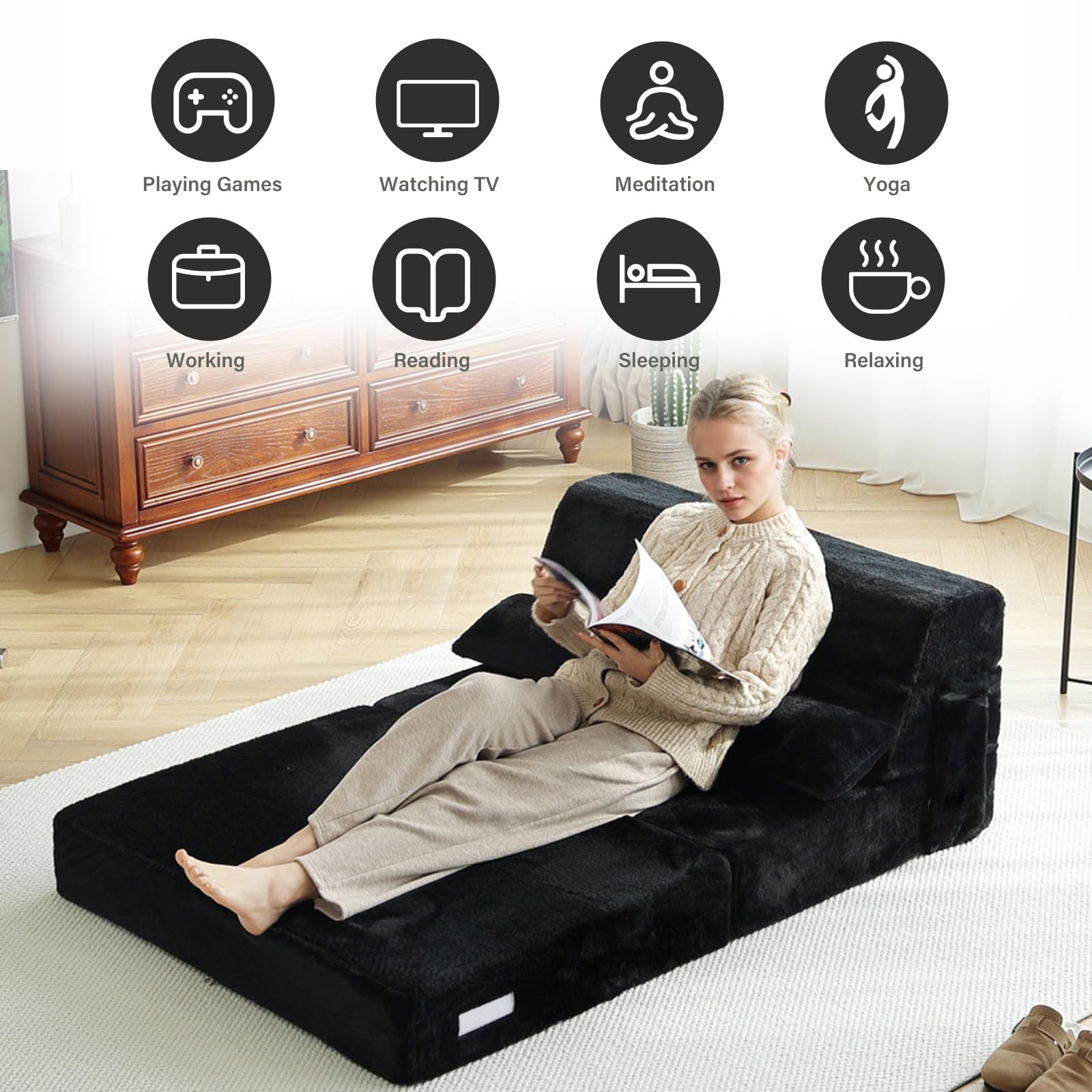 Tiita Folding Sofa Bed with Pillow - Single Size Mattress & Plush Fabric - Portable Storage Bag Included - Multi-Functional Floor Lounger Chair Bed - Perfect for Living Room, Guest Room, Dorm, Apartment, Loft & Home Office - Space-Saving Black Convertible Furniture - Great for Small Spaces, Overnight Guests & Relaxing