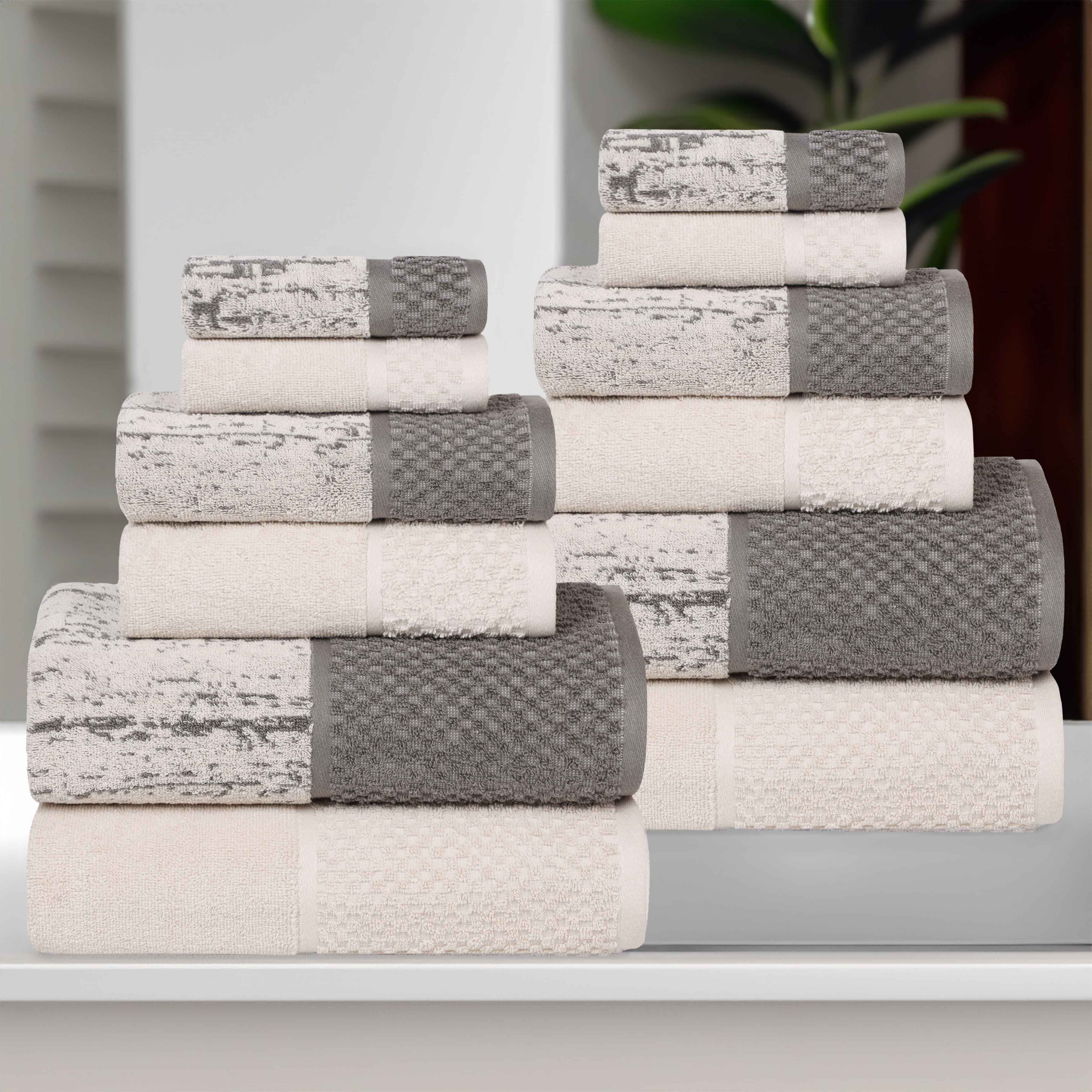Premium 12-Piece Cotton Plush Jacquard Towel Set - Soft & Absorbent Solid & Two-Toned Bath Towels for Spa, Bathroom & Guest Use