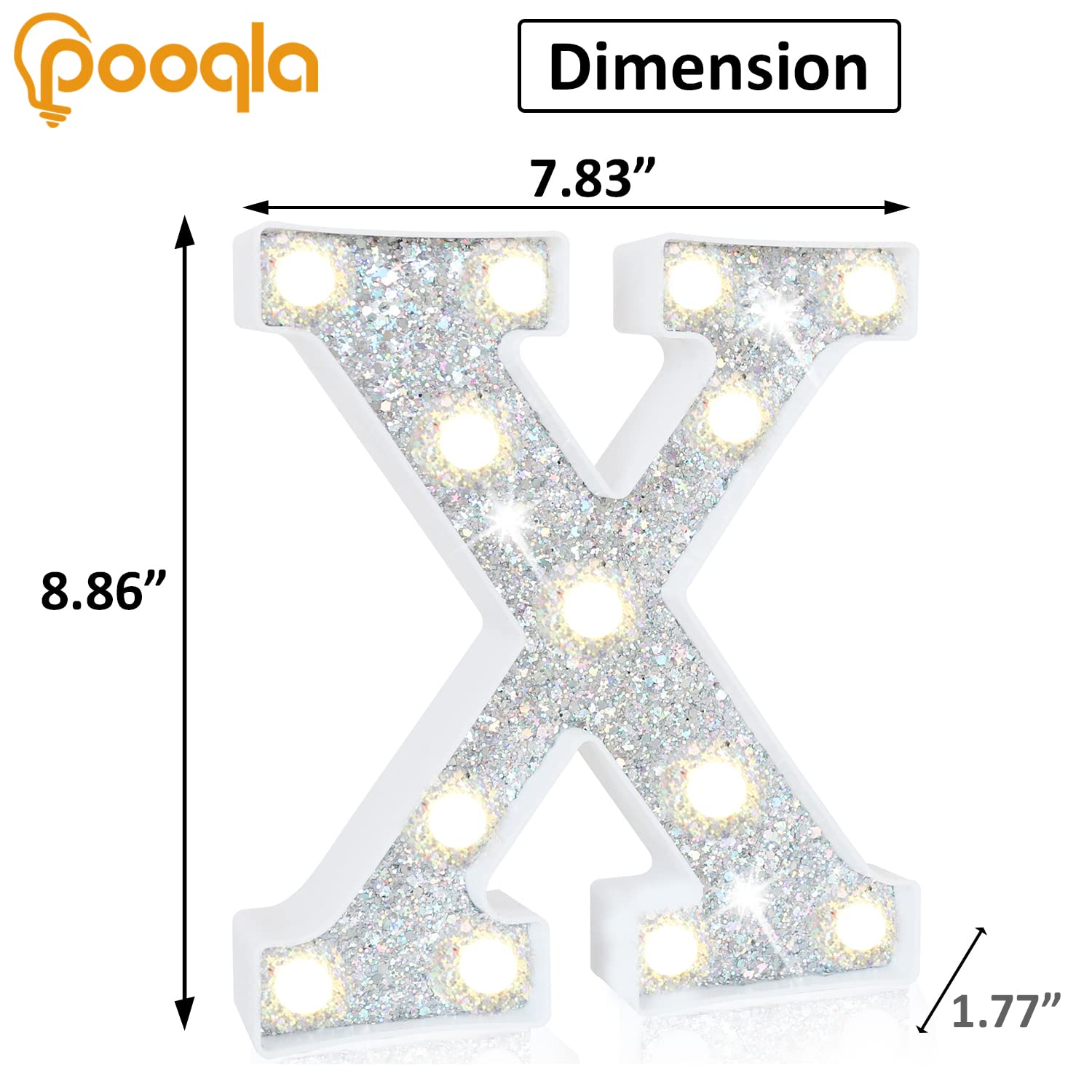 Pooqla LED Marquee Letter Lights - Silver Glitter Alphabet Sign with Battery Power for Night Light, Birthday Party, Wedding, Home Bar & Christmas Decorations (Letter X) | Perfect for Girls' Gifts & Festive Celebrations
