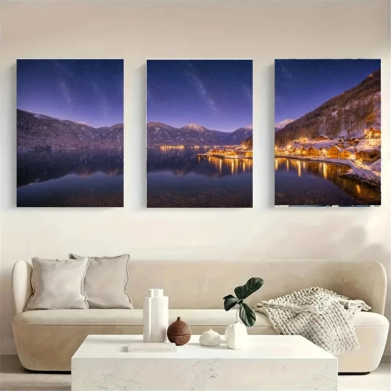 3-Piece Van Gogh Starry Night Sky with Majestic White Wolf Metal Wall Art - Ready to Hang Home Decor for Living Room, Bedroom & Office