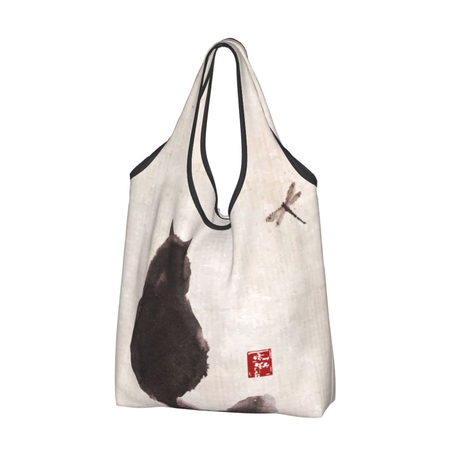 Japanese Cat & Dragonfly Reusable Shopping Bags - Waterproof Foldable Grocery Tote for Women, Large Eco-Friendly Market Bag - Perfect for Groceries, Beach Trips & Farmers Market