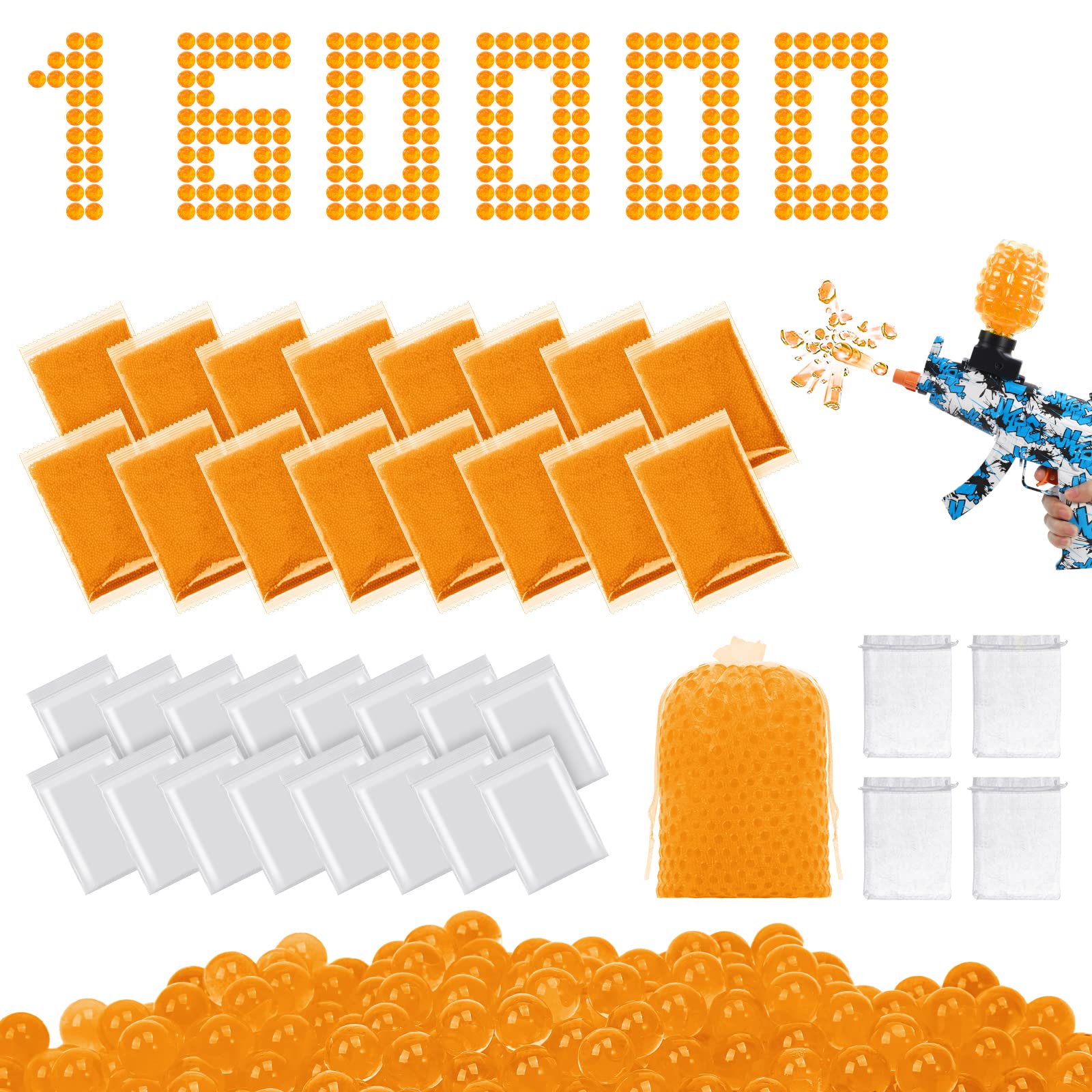 7.5mm Gel Gun Ammo - 16 Pack (160,000 Counts) | SS Ammo for Splatter Ball Gun & Gel Blaster | 7-8mm Biodegradable Water Beads | Perfect for Outdoor Battles, Team Games & Backyard Target Practice - Orange