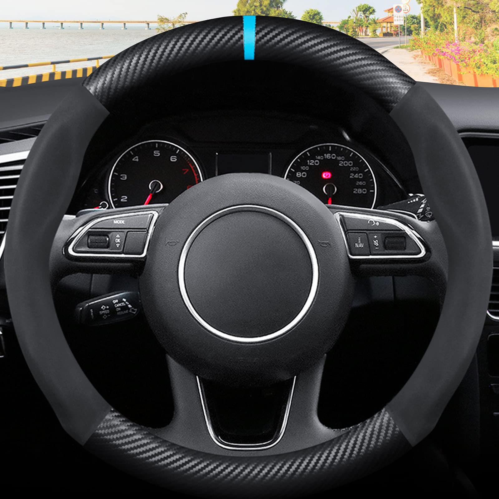 Premium Carbon Fiber & Microfiber PU Leather Steering Wheel Cover - Anti-Slip, Breathable, Sweat Absorbent - Fits 15