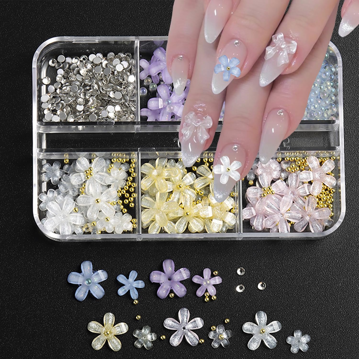 3D Colorful Flower Nail Charms - 6 Grids Acrylic Nail Art DIY Accessories with Gold Beads, Pearls & Rhinestones for Manicure, Wedding, Party Nail Designs