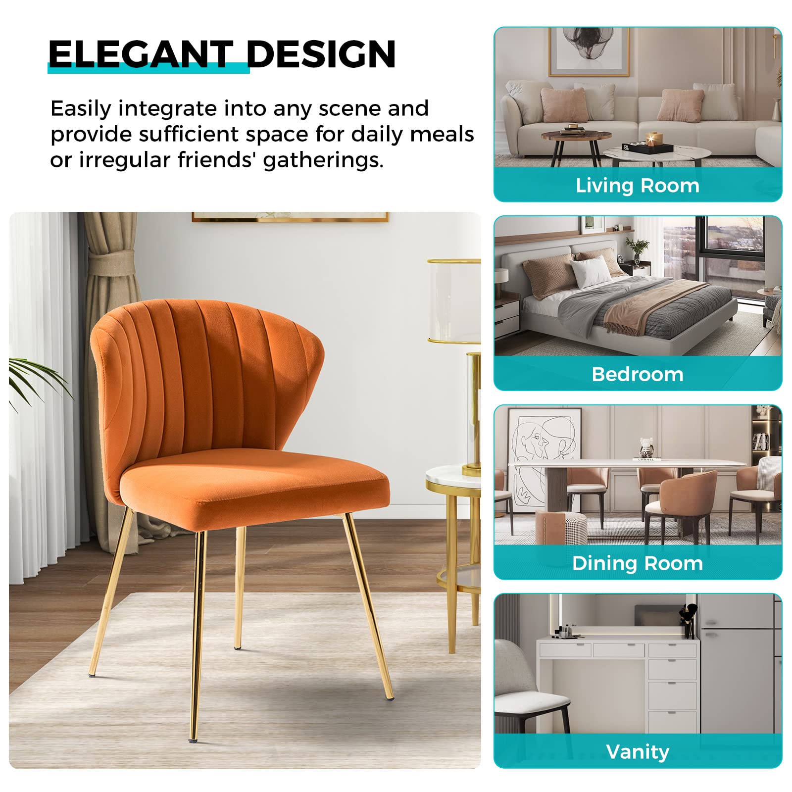 Modern Velvet Dining Room Chairs with Golden Metal Legs - Upholstered Tufted Back Accent Chair for Kitchen, Vanity, Patio & Beauty Room (Orange, 1-Pack) - Perfect for Small Spaces, Home Decor & Cozy Seating