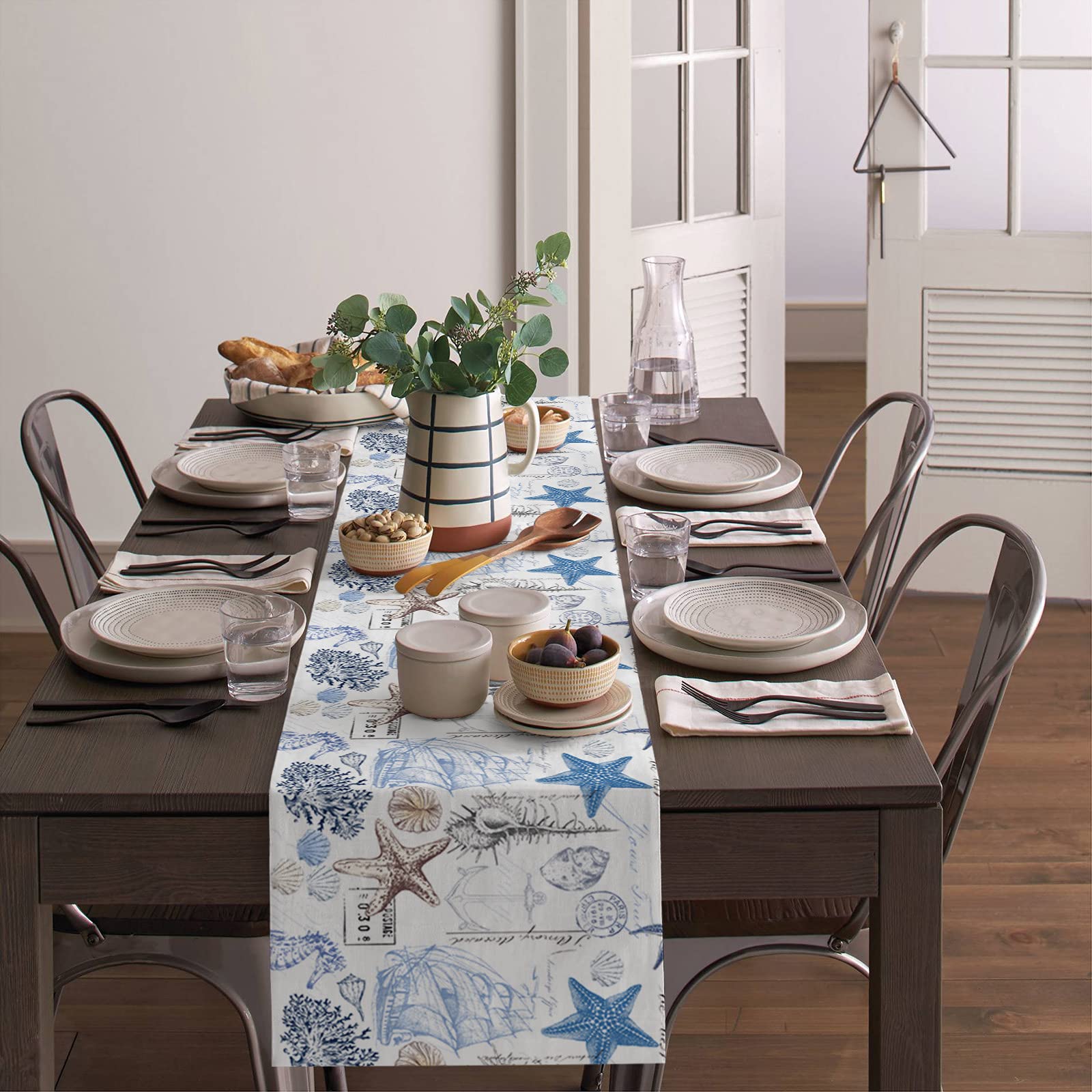 Starfish Undersea Anchor Sailboat Table Runner 120 Inches - Blue & Brown Ocean Theme Bed Runner, Dresser Scarf for Indoor & Outdoor Parties, Ceremonies, Banquets - 13