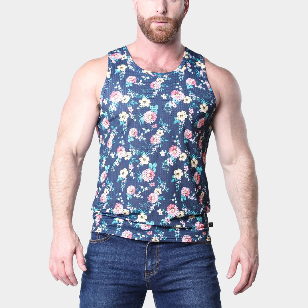 Timoteo Balboa Mesh Tank Top for Women - Navy Blue Floral Print, Breathable Summer Casual Shirt - Perfect for Beach, Vacation, and Everyday Wear