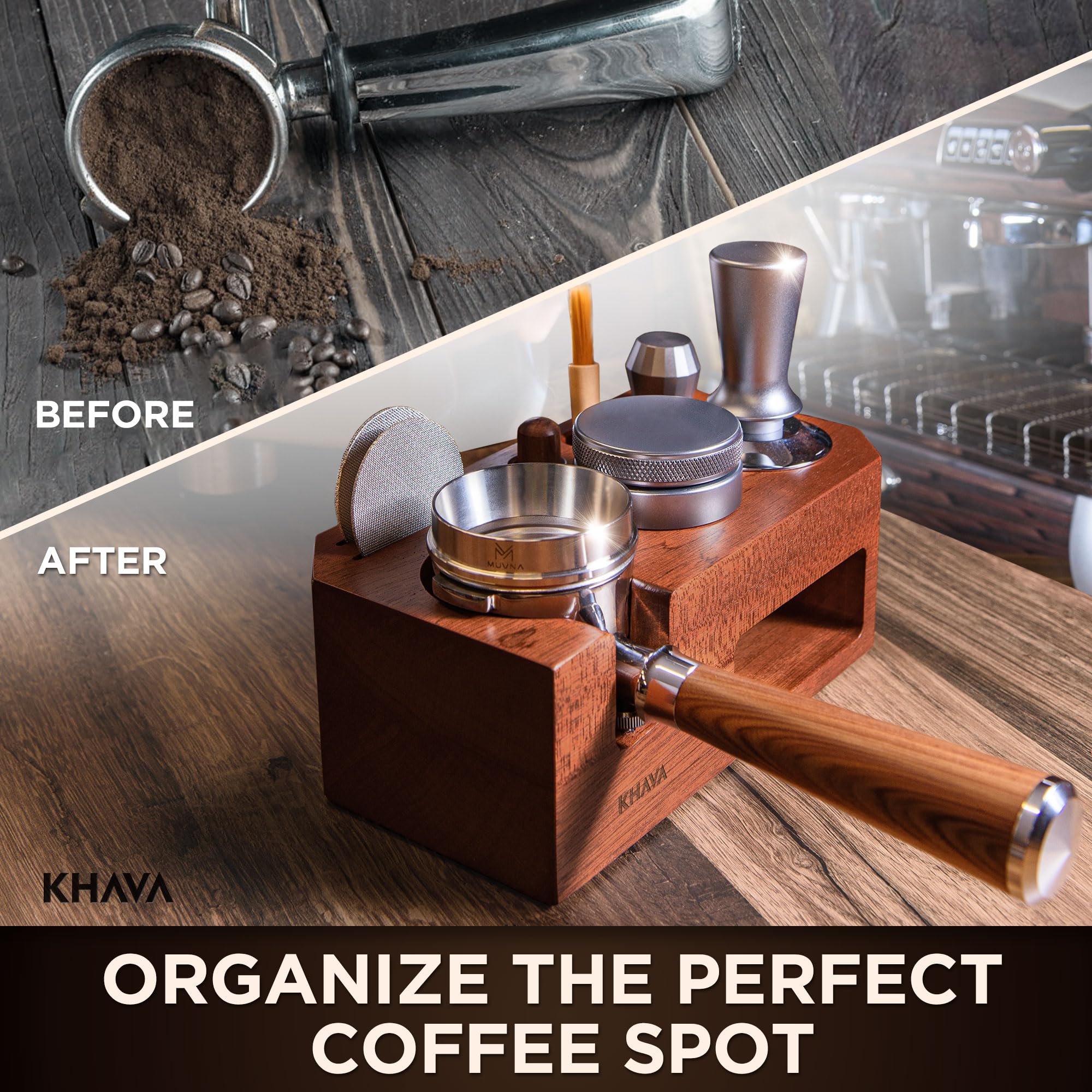 KHAVA Wooden Espresso Tamping Station 58mm - Coffee Bar Organizer for Countertop & Portafilter Holder