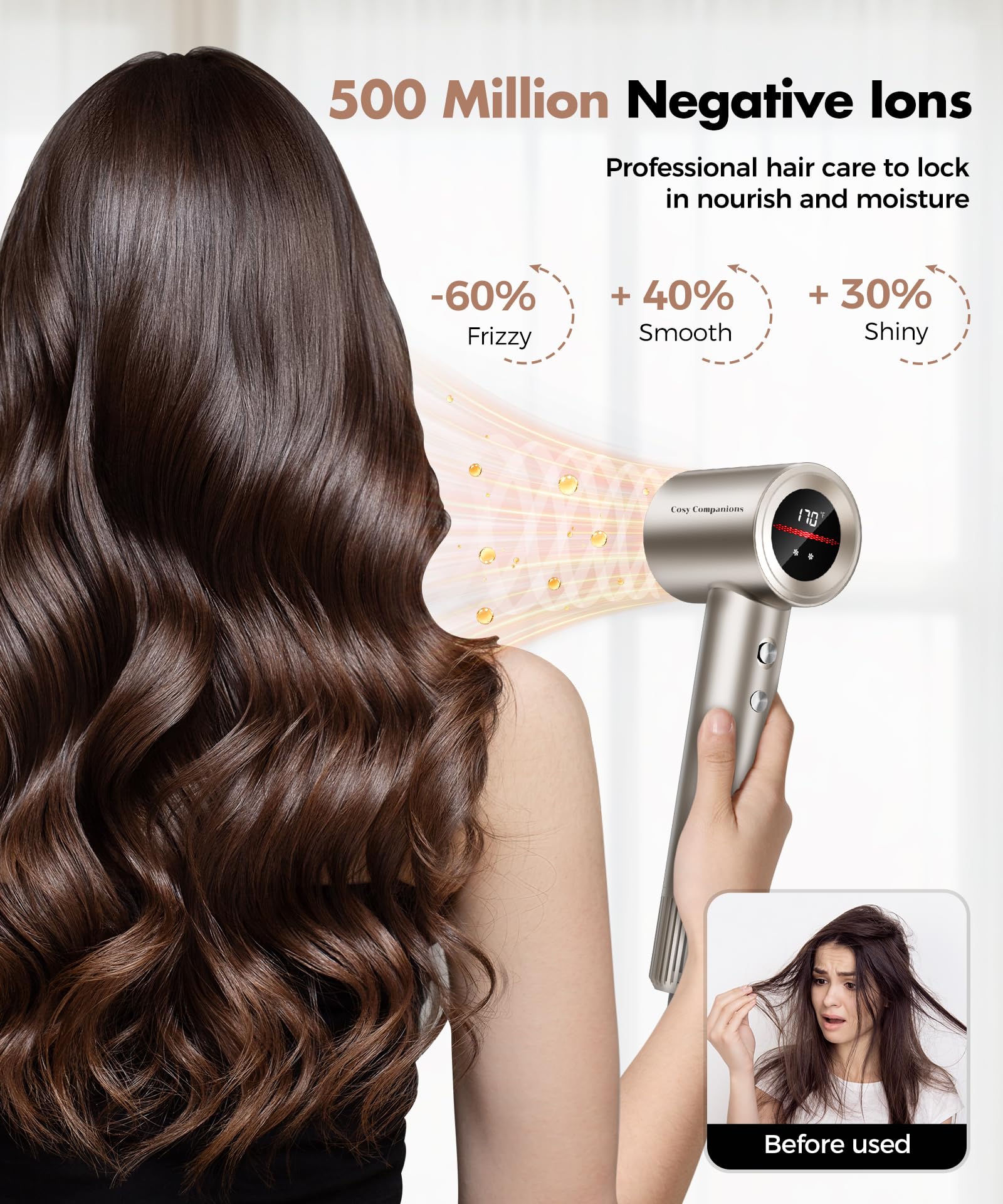 Professional 150,000RPM High-Speed Hair Dryer with HD Display - 5 Temperature Settings & 2 Speed Options, 500 Million Negative Ions for Frizz-Free Hair - Ultra Quiet Blow Dryer with Diffuser & Concentrator Nozzle (Gold) - Perfect for Home Use, Salon Styling, and Travel