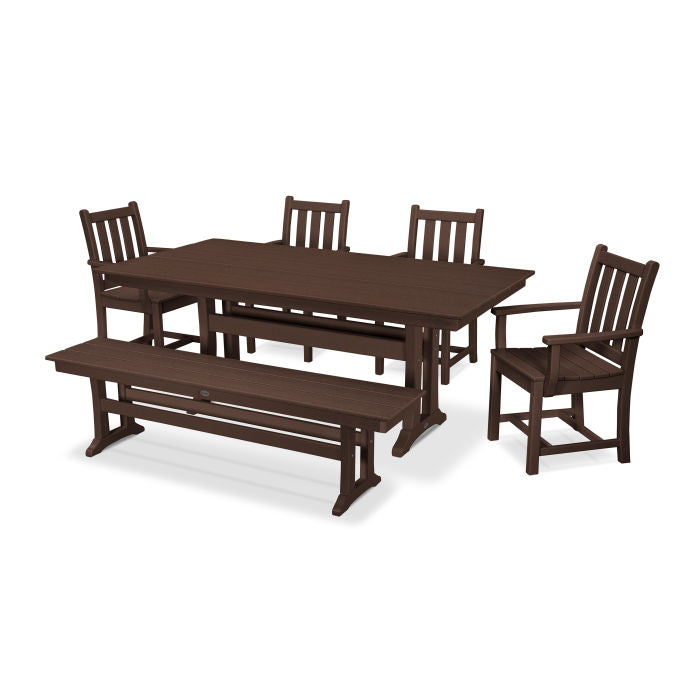POLYWOOD Traditional Garden Arm Chair 6-Piece Farmhouse Dining Set with Trestle Legs & Bench - Outdoor Patio Furniture for Backyard, Porch, and Garden Dining