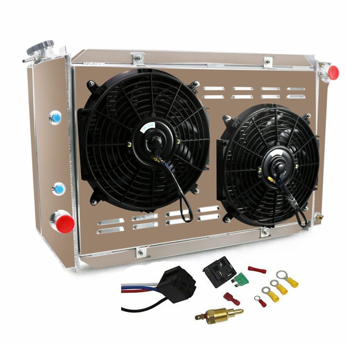 High-Performance 3 Row Full Aluminum Radiator & Fan Shroud Kit for 1969-1973 Ford Mustang/Torino/Fairlane & 1969-1971 Mercury Cougar/Marquis/Montego V8 - Includes Thermostat Relay | Perfect for Engine Cooling & Restoration Projects