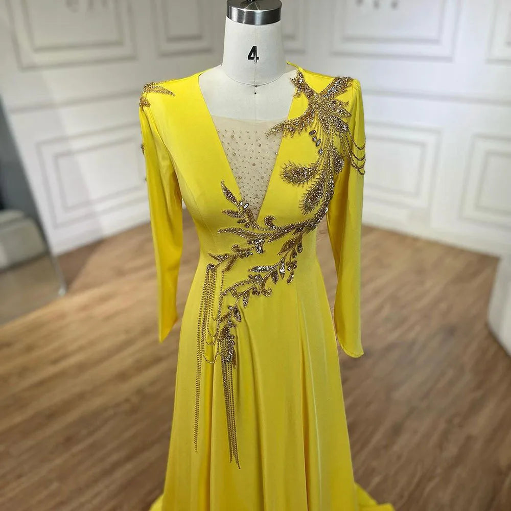 Luxury Dubai Arabic Yellow Mermaid Evening Dress with Elegant Tassel Beading for Women - Perfect for Weddings, Parties & Special Occasions - Serene Hill Collection LA72555