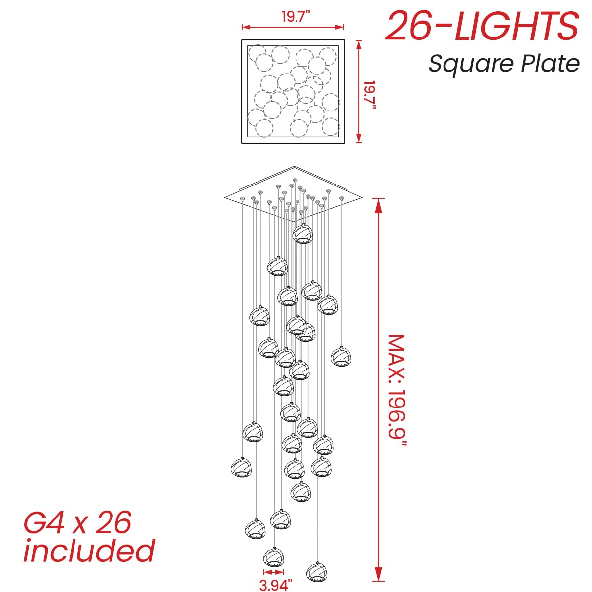 Modern Crystal Chandelier LED Pendant Light - 26-Light Square Raindrop Ceiling Fixture with Crystal Balls (19.7