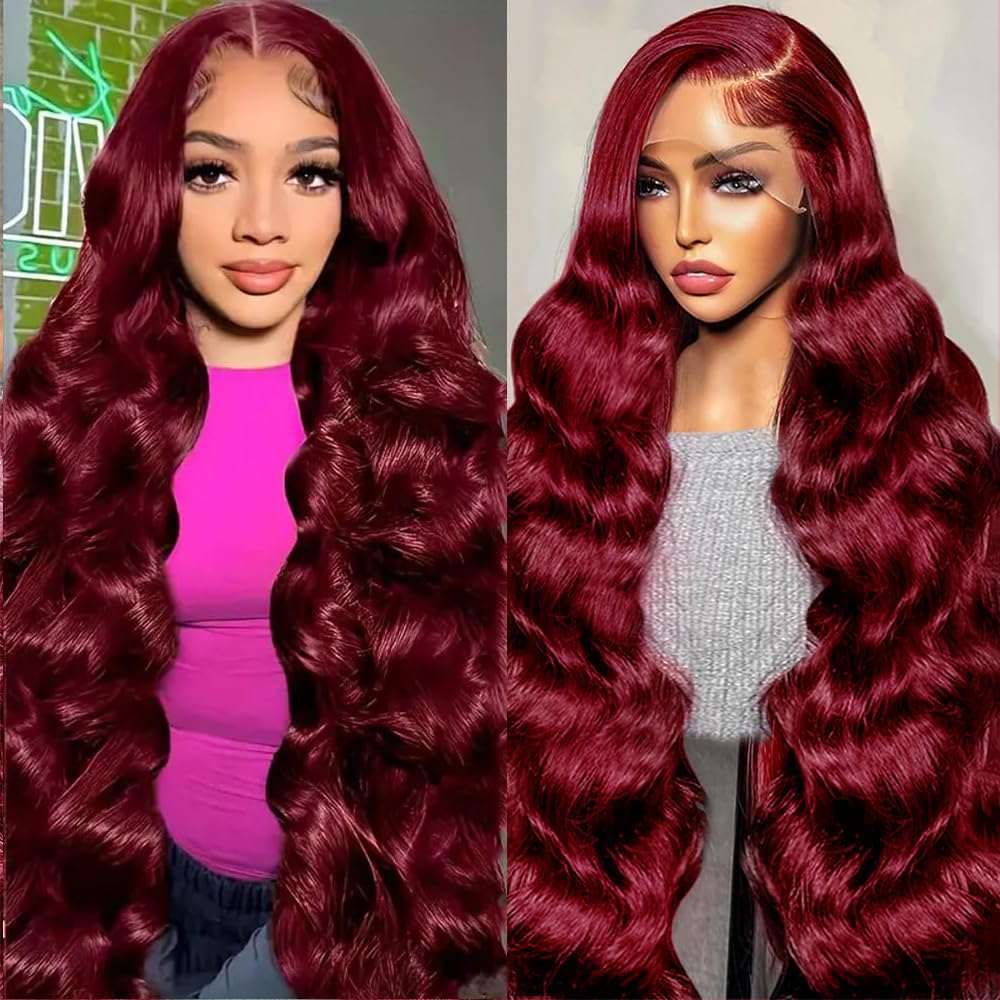 99j Burgundy 28 Inch 13x4 Lace Front Wigs Human Hair - Body Wave Pre Plucked 220% Density HD Transparent Red Wigs with Baby Hair for Women | Perfect for Cosplay, Weddings & Daily Wear